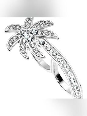 Silver Tone Crystalline Tropical Palm Tree Double Finger Ring